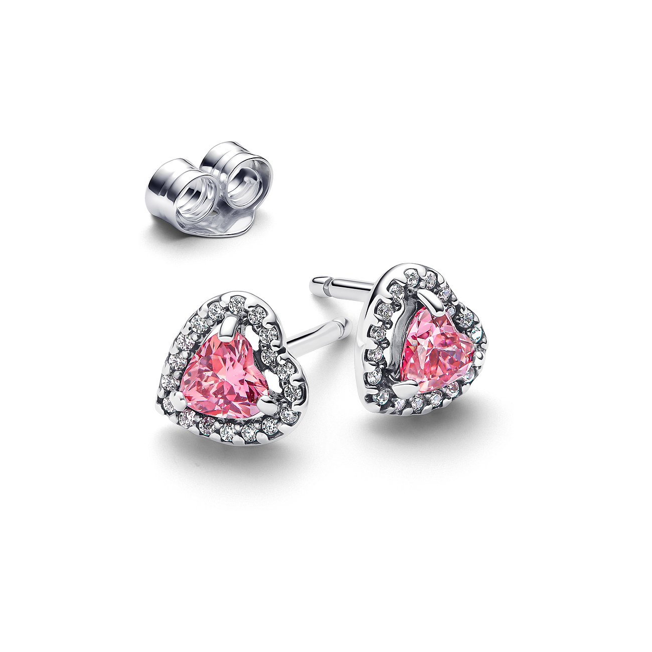 Pandora Ohrstecker aus 925er Silber mit pinkem Zirkonia im Herzschliff und weißen Zirkonia.