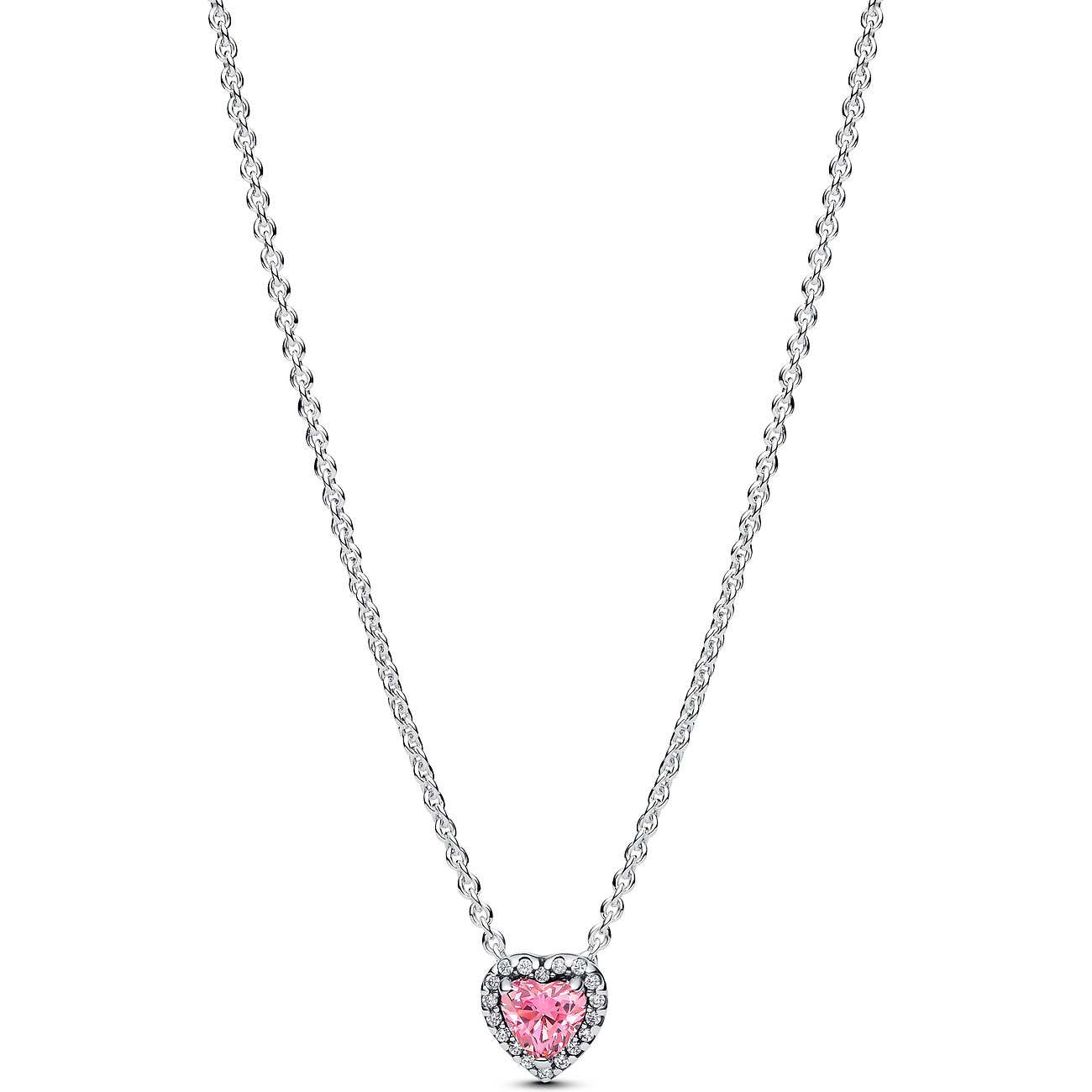 Pandora Kette aus 925er Silber mit pinkfarbenem Herz-Zirkonia und weißen Zirkonia.