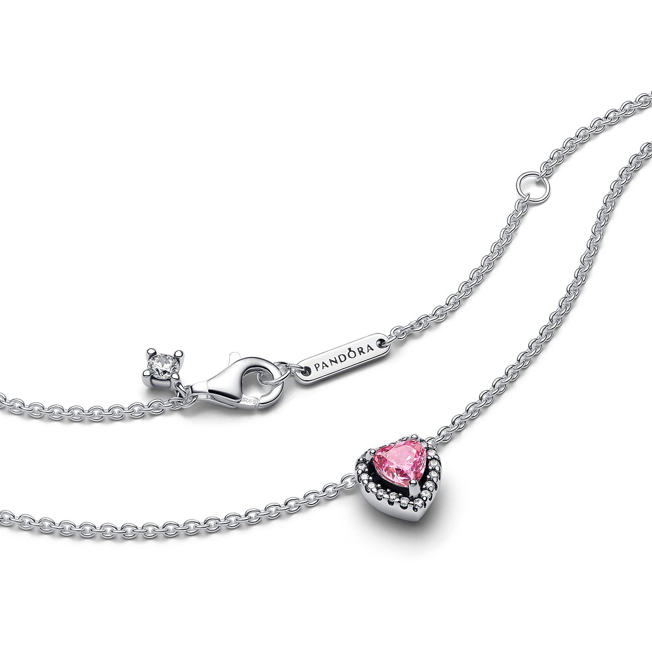 Pandora Halskette aus 925er Silber mit pinkem Herz-Anhänger und Zirkonia.