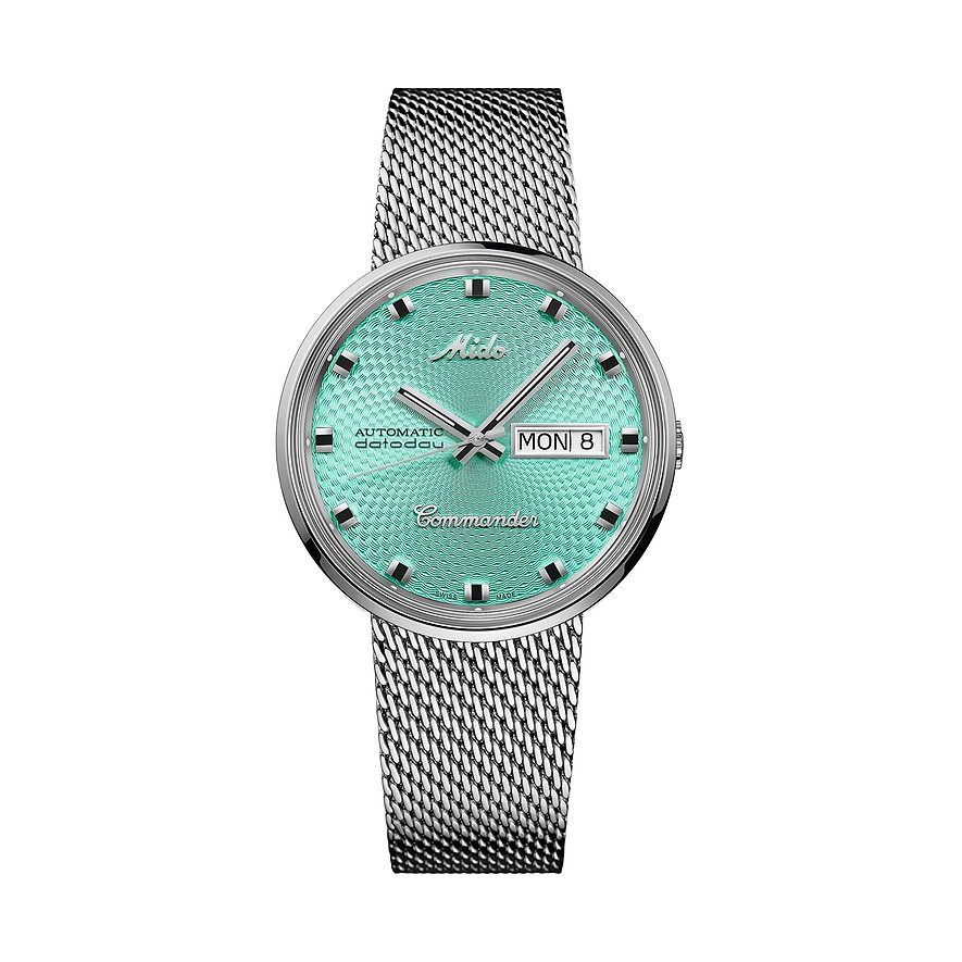 Mido Herrenuhr aus Edelstahl mit einem runden silberfarbenen Gehäuse und einem milanesischen Mesh-Armband.