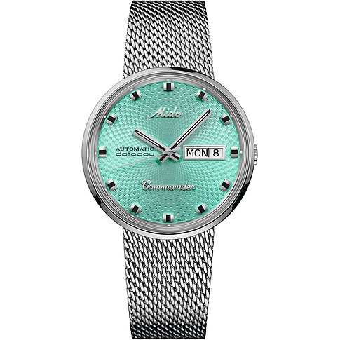 Mido Herrenuhr aus Edelstahl mit einem runden silberfarbenen Gehäuse und einem milanesischen Mesh-Armband.