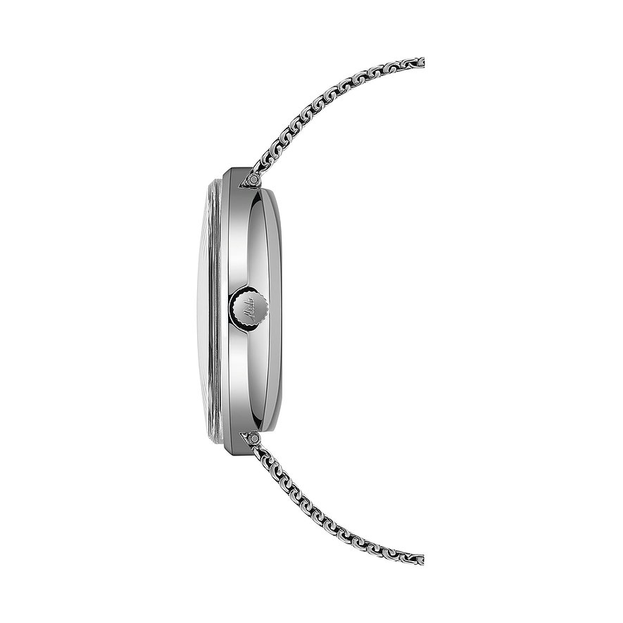 Seitenansicht der Mido Herrenuhr aus Edelstahl, die das glänzende Gehäuse und das Metallarmband zeigt.