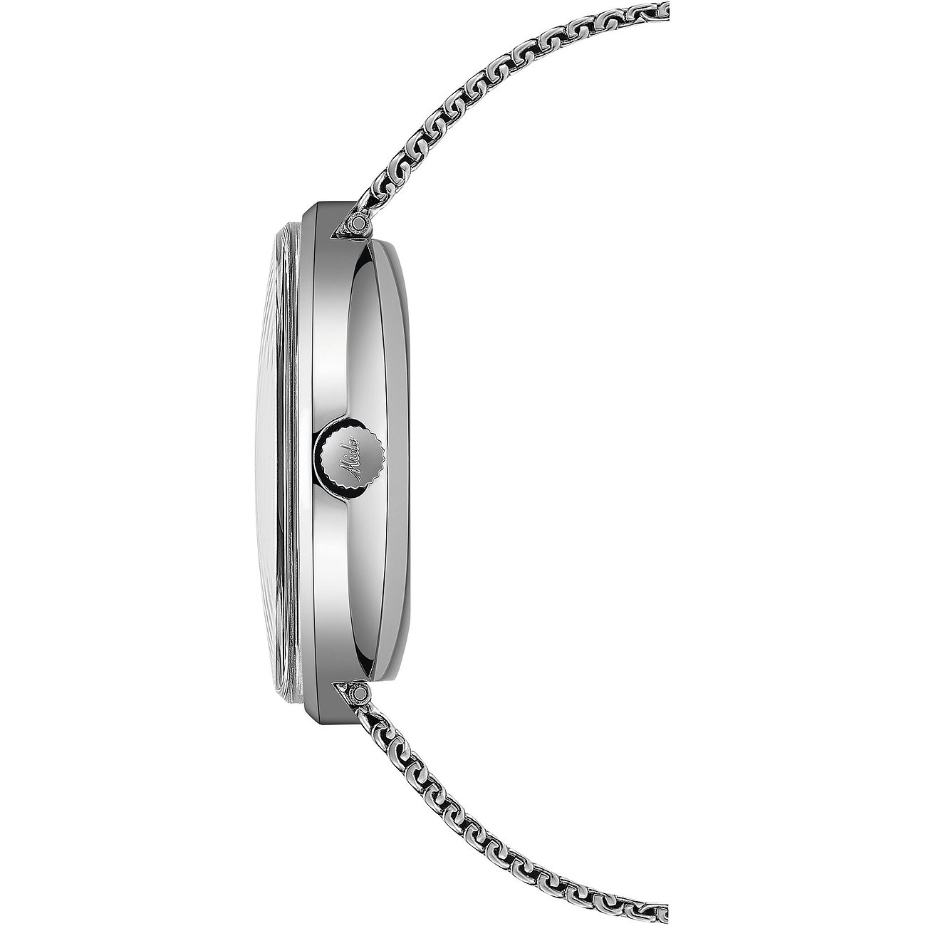 Seitenansicht der Mido Herrenuhr aus Edelstahl, die das glänzende Gehäuse und das Metallarmband zeigt.
