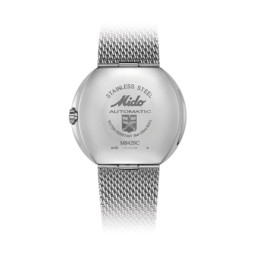 Rückseite einer Mido Herrenuhr aus Edelstahl mit „Automatic“ und Wasserdichtigkeit eingraviert.