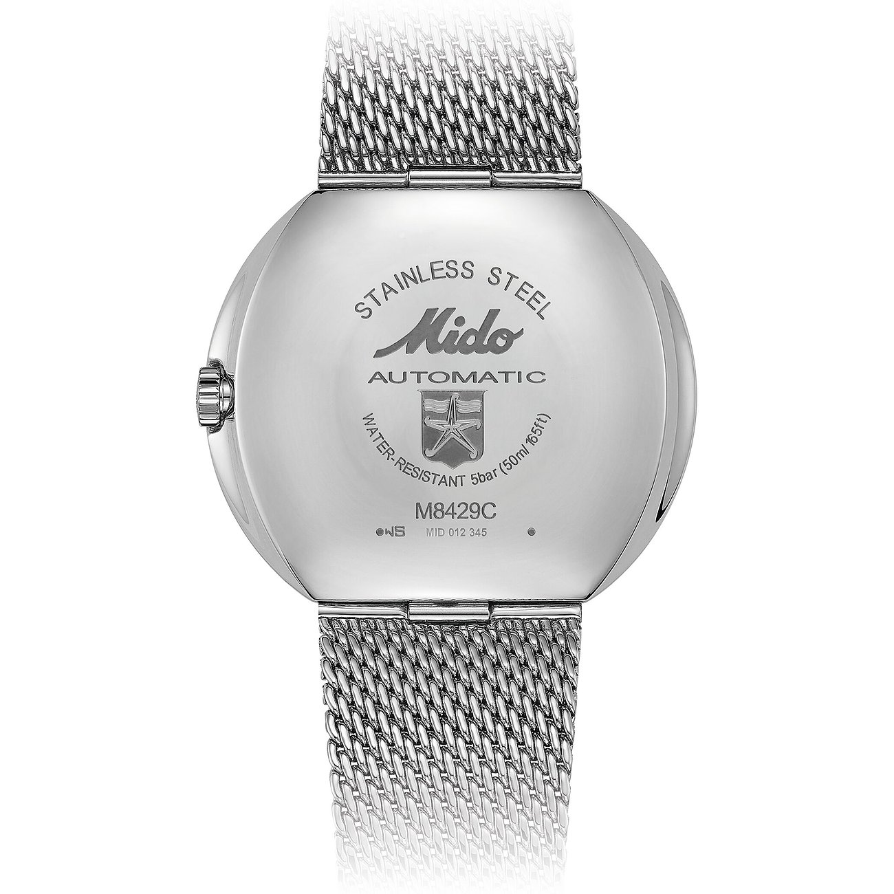 Rückseite einer Mido Herrenuhr aus Edelstahl mit „Automatic“ und Wasserdichtigkeit eingraviert.