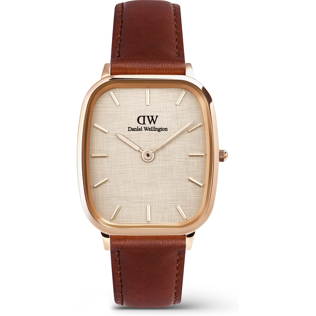 Daniel Wellington Herrenuhr mit Edelstahlgehäuse, analog, braunes Lederarmband.