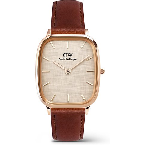Daniel Wellington Herrenuhr mit Edelstahlgehäuse, analog, braunes Lederarmband.