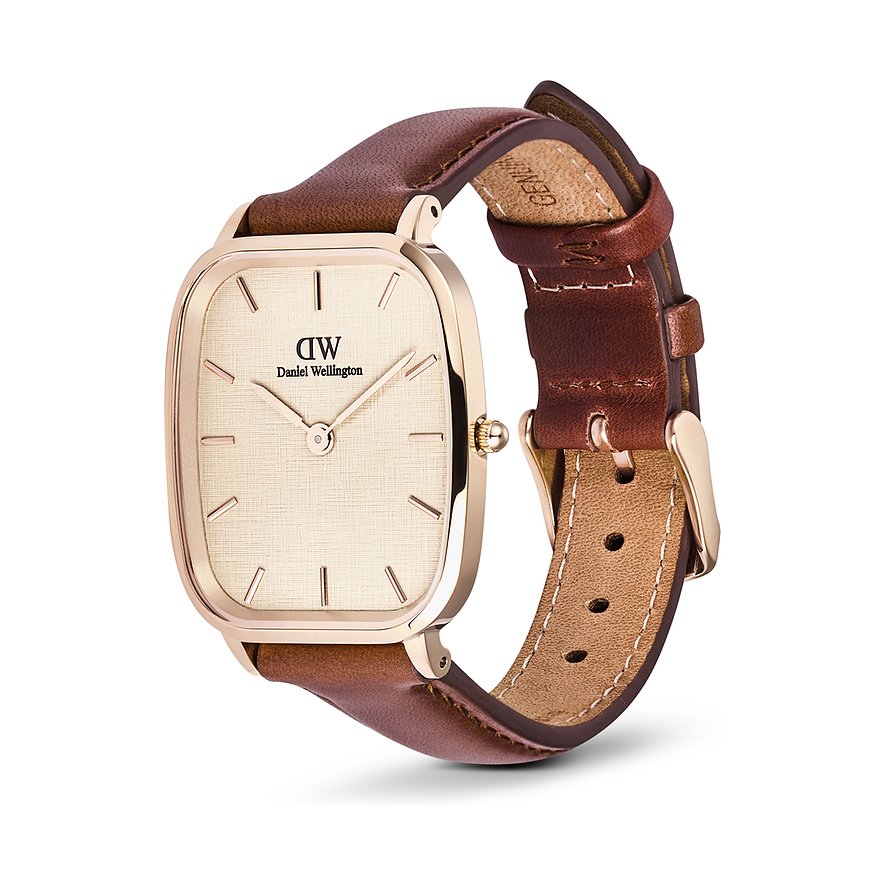 Daniel Wellington Herrenuhr mit Edelstahlgehäuse, analog, braunes Lederarmband.