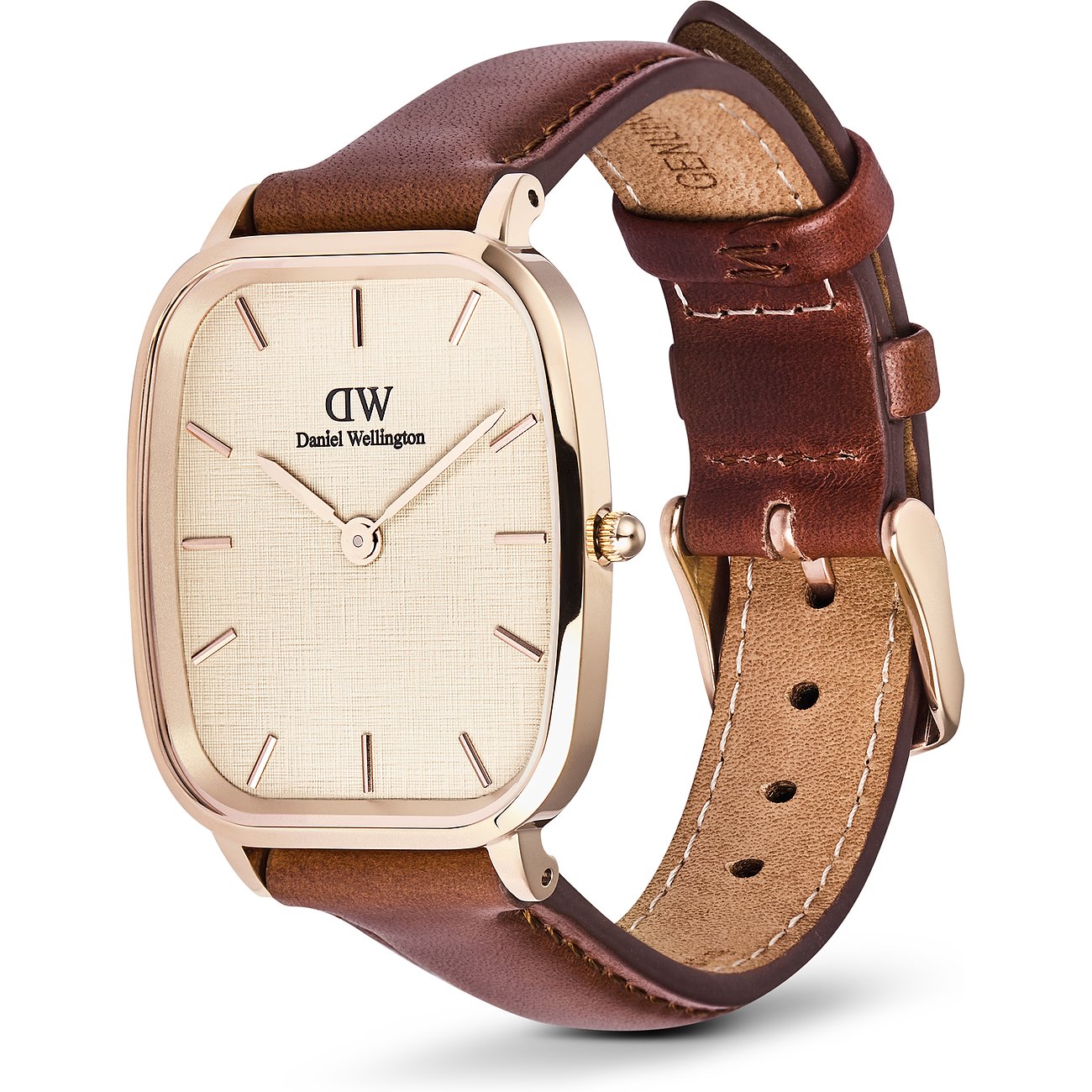 Daniel Wellington Herrenuhr mit Edelstahlgehäuse, analog, braunes Lederarmband.