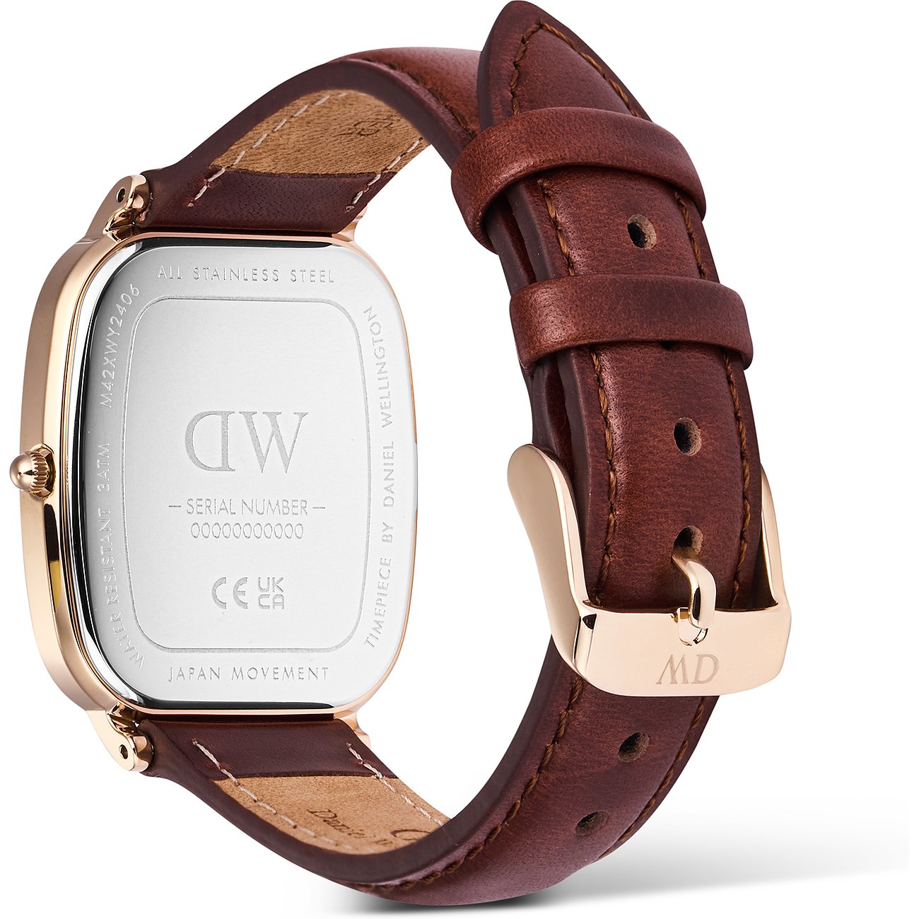 Daniel Wellington Herrenuhr mit Edelstahlgehäuse und braunem Lederarmband.