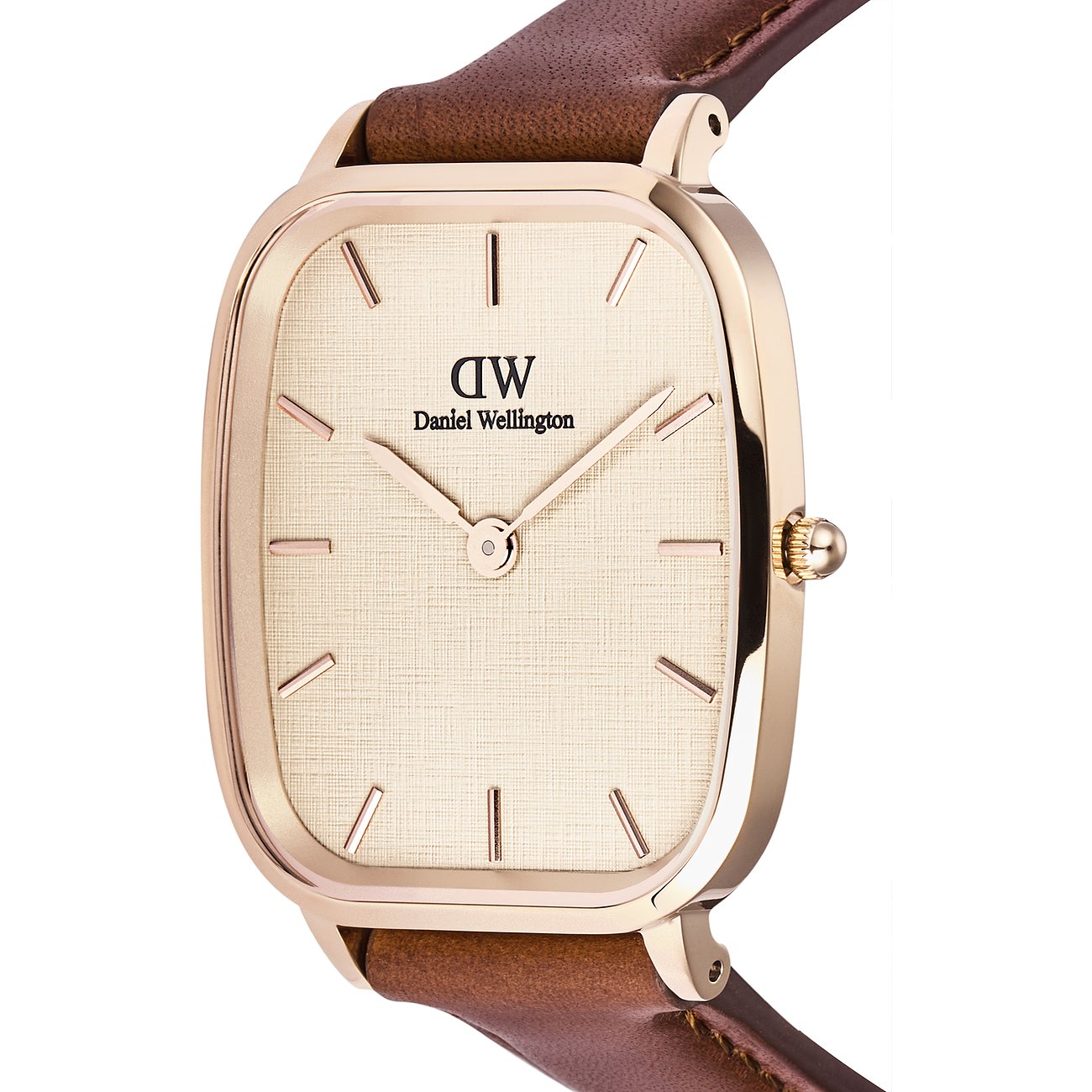 Daniel Wellington Herrenuhr mit Edelstahlgehäuse, analog, mit braunem Lederarmband.