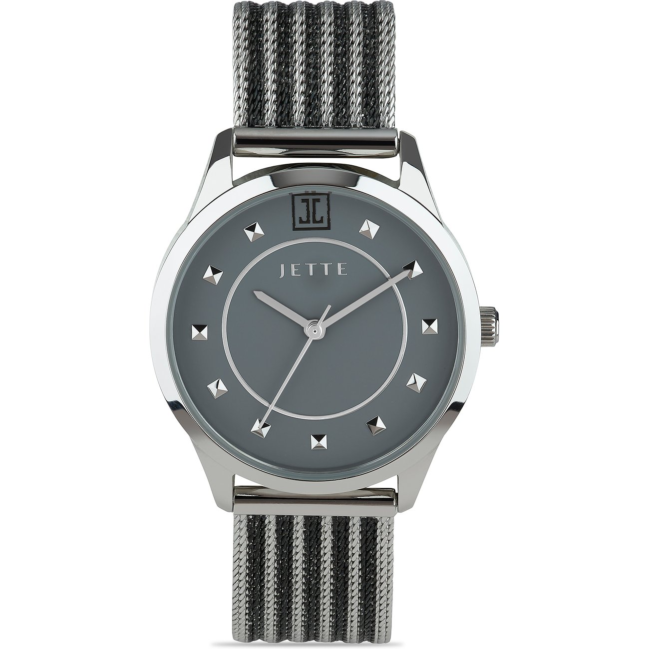 JETTE damklocka med boett i rostfritt stål, grå urtavla och nitar.