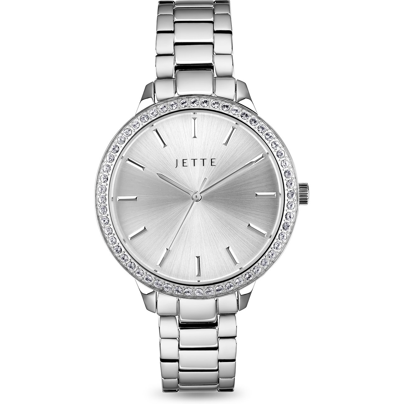 Montre JETTE pour femme avec boîtier en acier inoxydable, couleur argent, lunette sertie de cristaux.