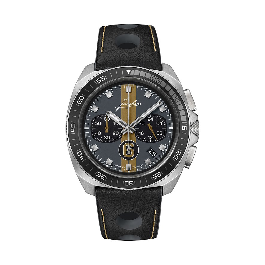 Junghans Chronograph 1972 Chrono Sports Edition 25 41457800, Herren, Edelstahl, Armband: Leder, Quarz, analog