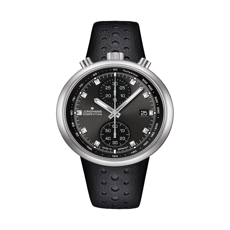Junghans Chronograph 1972 Competition Black 27450400, Damen, Edelstahl, Armband: Leder, Automatik, analog