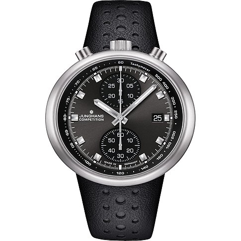 Junghans Herrenuhr mit Edelstahlgehäuse, schwarzem Zifferblatt und Chronograph.