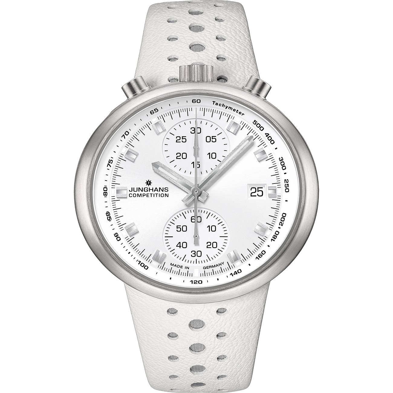 Junghans Herrenuhr mit Edelstahlgehäuse, weißes Zifferblatt, analog mit Chronograph.