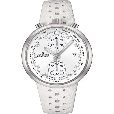 Junghans Herrenuhr mit Edelstahlgehäuse, weißes Zifferblatt, analog mit Chronograph.