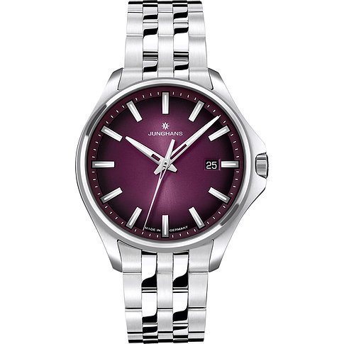 Junghans Unisexuhr aus mattem Edelstahl und poliertem Armband mit violettem Zifferblatt und Datumsanzeige.