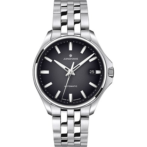 Junghans Unisexuhr aus Edelstahl mit dunklem Zifferblatt, Datumsanzeige und gebürstetem Metallarmband.