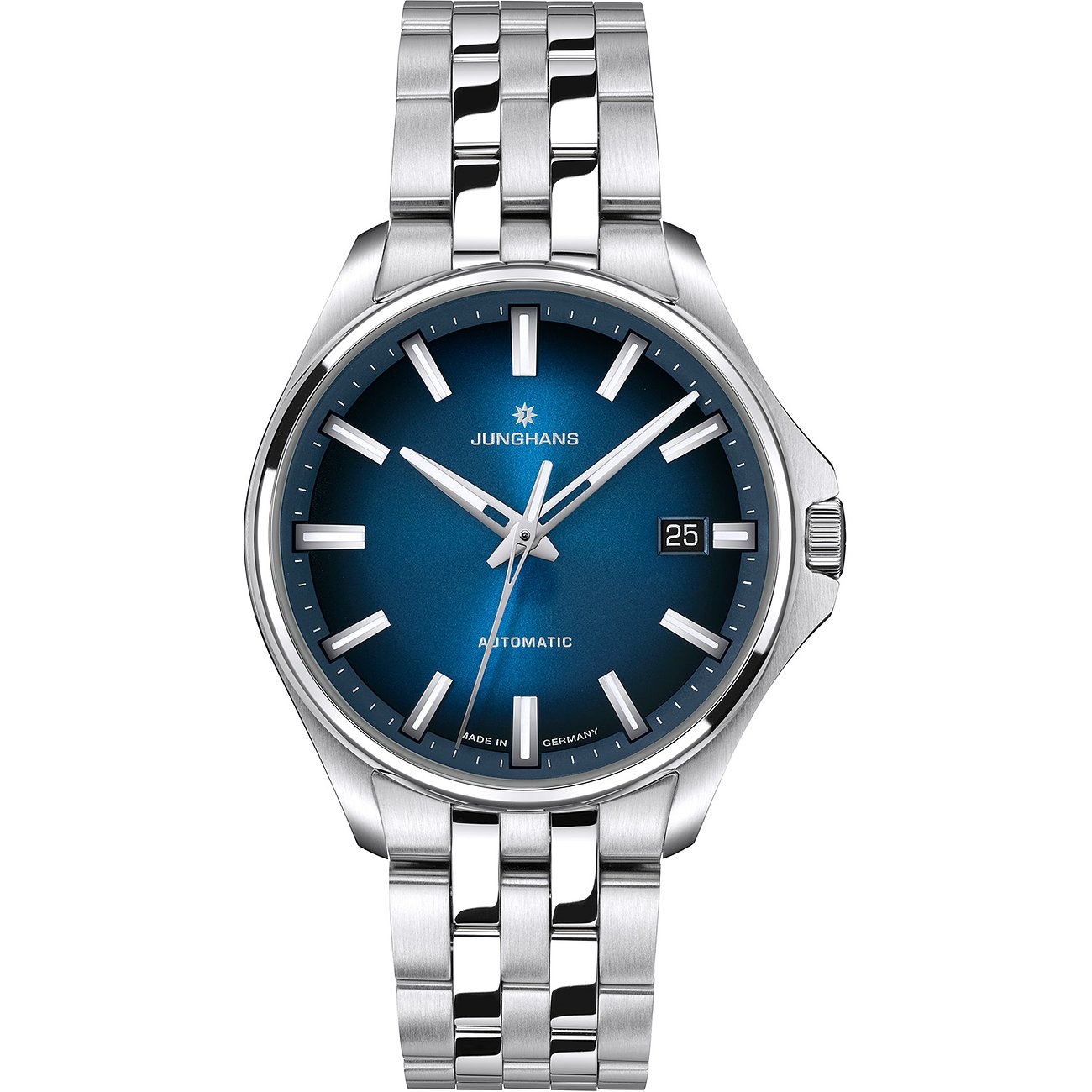 Junghans Unisexuhr aus Edelstahl mit einem blauen Zifferblatt und silberfarbenen Zeigern und Indexen.