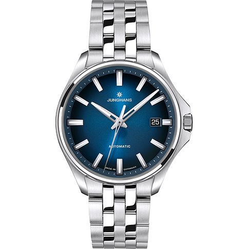 Junghans Unisexuhr aus Edelstahl mit einem blauen Zifferblatt und silberfarbenen Zeigern und Indexen.