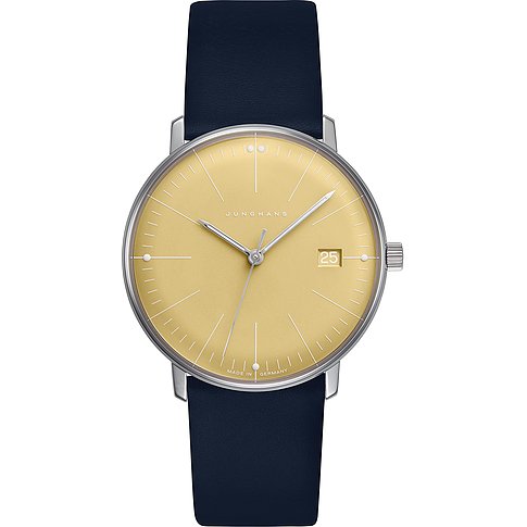 Junghans Damenuhr mit Edelstahlgehäuse, goldfarbenem Zifferblatt und Datumsanzeige.