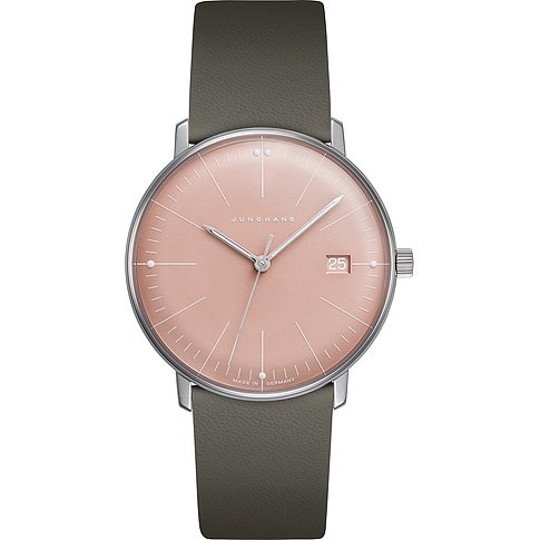 Junghans Damenuhr mit Edelstahlgehäuse, rosa Zifferblatt und Datumsanzeige.