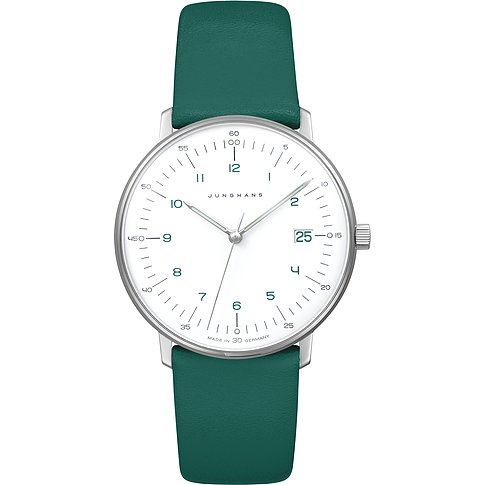 Junghans Damenuhr mit Edelstahlgehäuse, weißem Zifferblatt und grünem Armband.