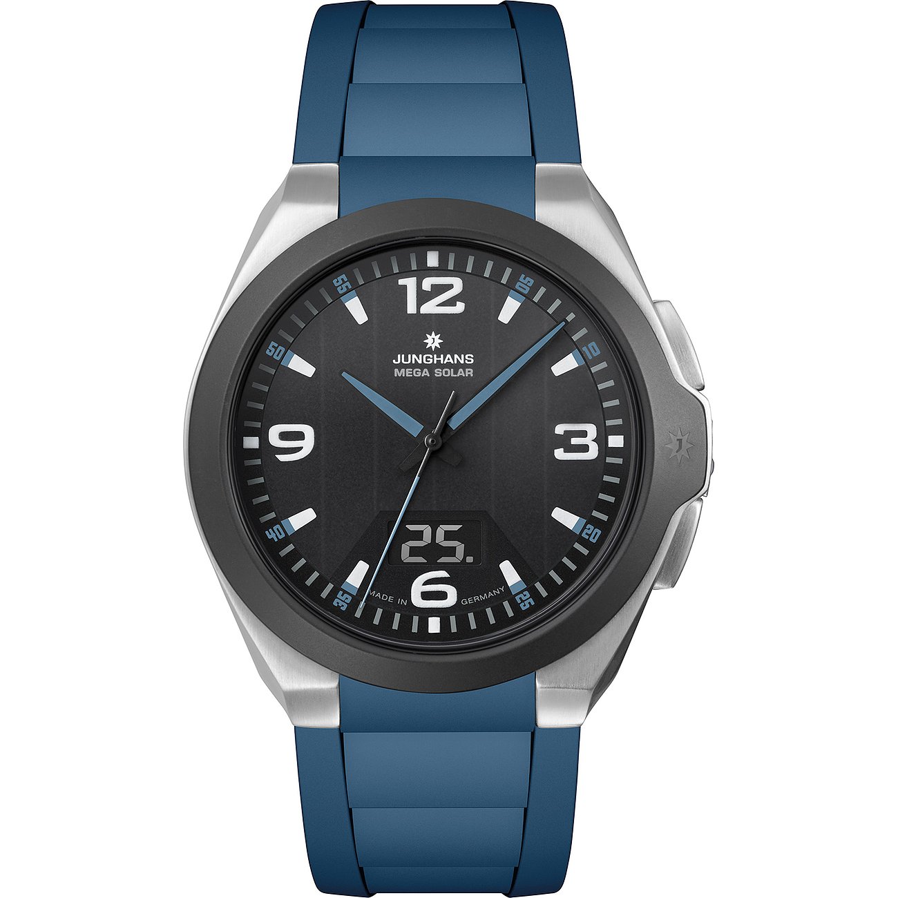 Junghans Herrenuhr aus Edelstahl mit blauem Silikonarmband und schwarzem Zifferblatt.