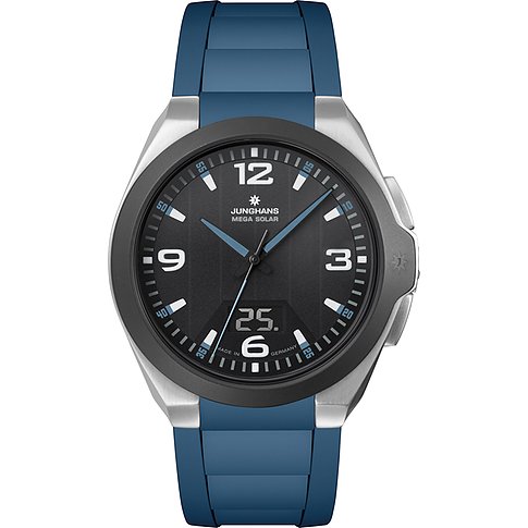 Junghans Herrenuhr aus Edelstahl mit blauem Silikonarmband und schwarzem Zifferblatt.