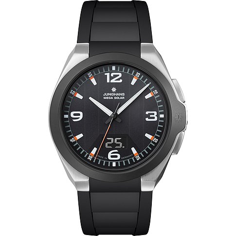 Junghans solarbetriebene Herrenuhr aus silberfarbenem Edelstahl mit schwarzem Zifferblatt und schwarzem Kautschukarmband.