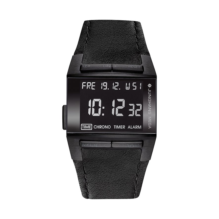 Junghans Herrenuhr Mega 1000 26480025, Damen, Edelstahl, Armband: Leder, Funk, digital