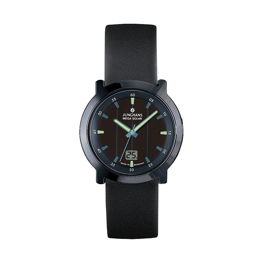 Junghans Herrenuhr Stratos Mega Solar 18111100, Damen, Keramik, Armband: Leder, Funk, analog