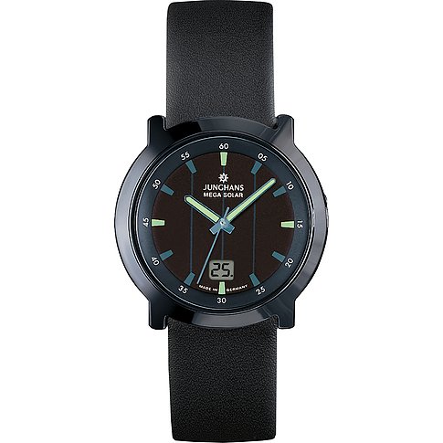 Junghans Mega Solar Herrenuhr, schwarze Keramik, Lederarmband, Zifferblatt mit leuchtenden Zeigern, Vogelperspektive.