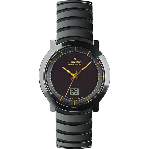Junghans solarbetriebene Herrenuhr aus Keramik mit schwarzem Zifferblatt und goldenen Zeigern und Indexen.