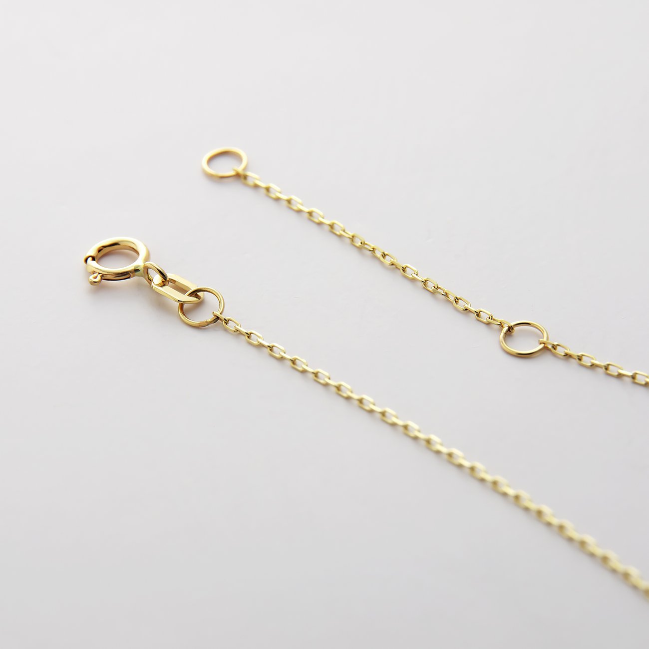 Nahaufnahme der goldenen CHRIST Halskette aus 585 Gelbgold mit Verschluss und Verlängerungskettchen.