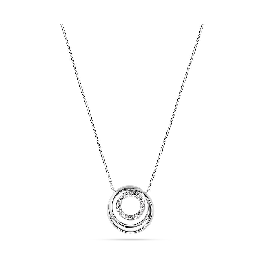 CHRIST Halskette, 585 Weißgold, Anhänger aus zwei ineinander verschlungenen Ringen, der innere mit Diamanten besetzt.