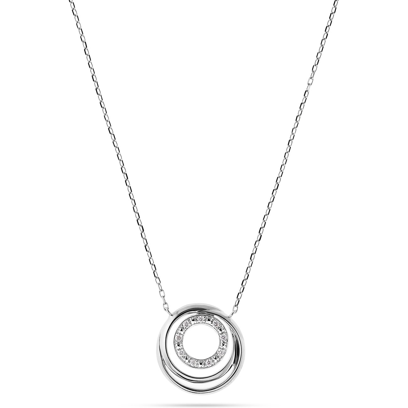 CHRIST Halskette, 585 Weißgold, Anhänger aus zwei ineinander verschlungenen Ringen, der innere mit Diamanten besetzt.