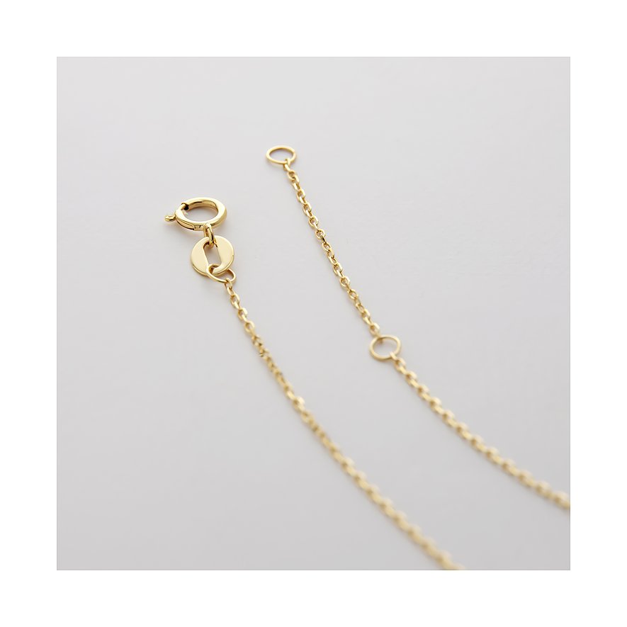 Detailansicht eines CHRIST Halsschmucks aus 585 Gelbgold, der einen Verschluss und eine längenverstellbare Kette zeigt.