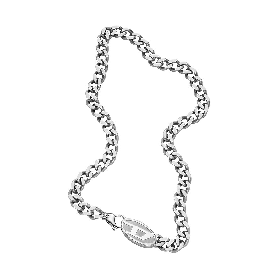 Diesel Kette aus Edelstahl mit ovalem Anhänger und dem Diesel-Logo.