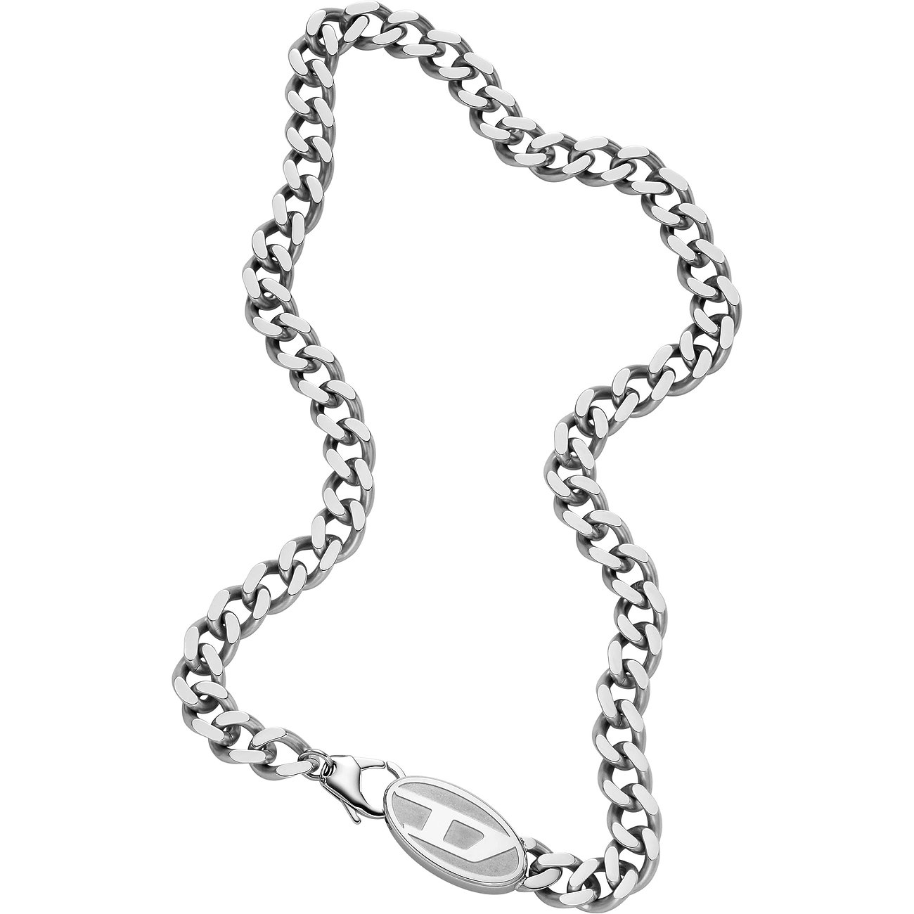 Diesel Kette aus Edelstahl mit ovalem Anhänger und dem Diesel-Logo.