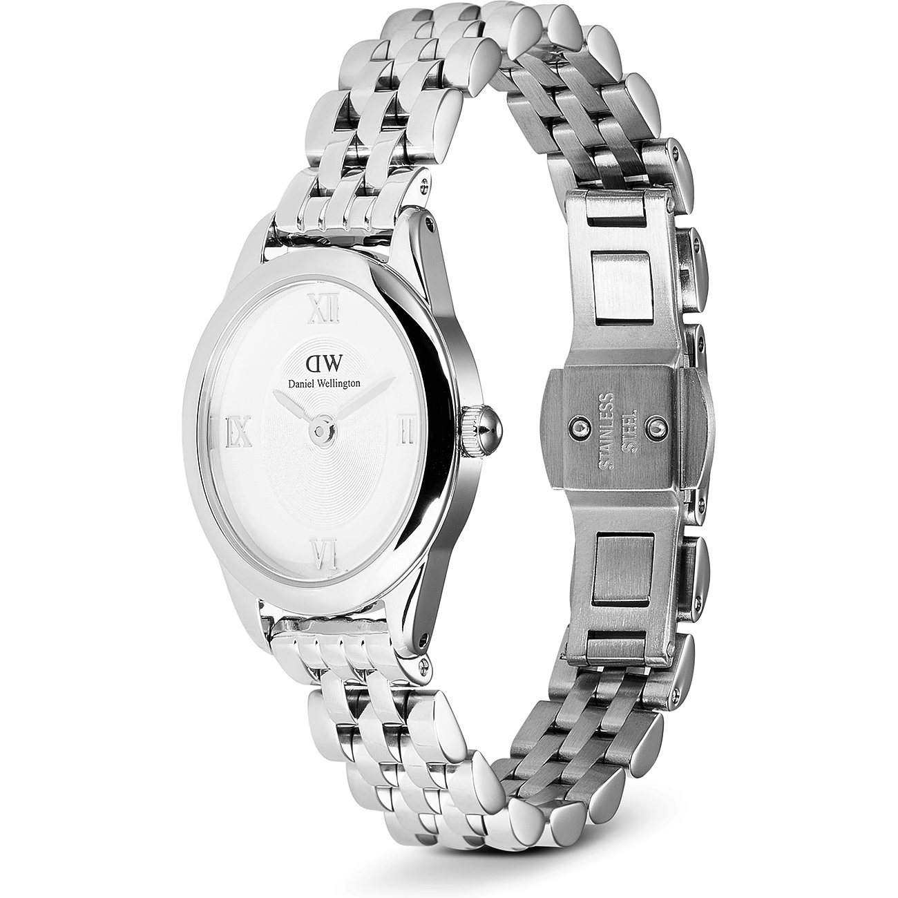 Daniel Wellington Damenuhr mit Edelstahlgehäuse, analog und silberfarbenem Armband.