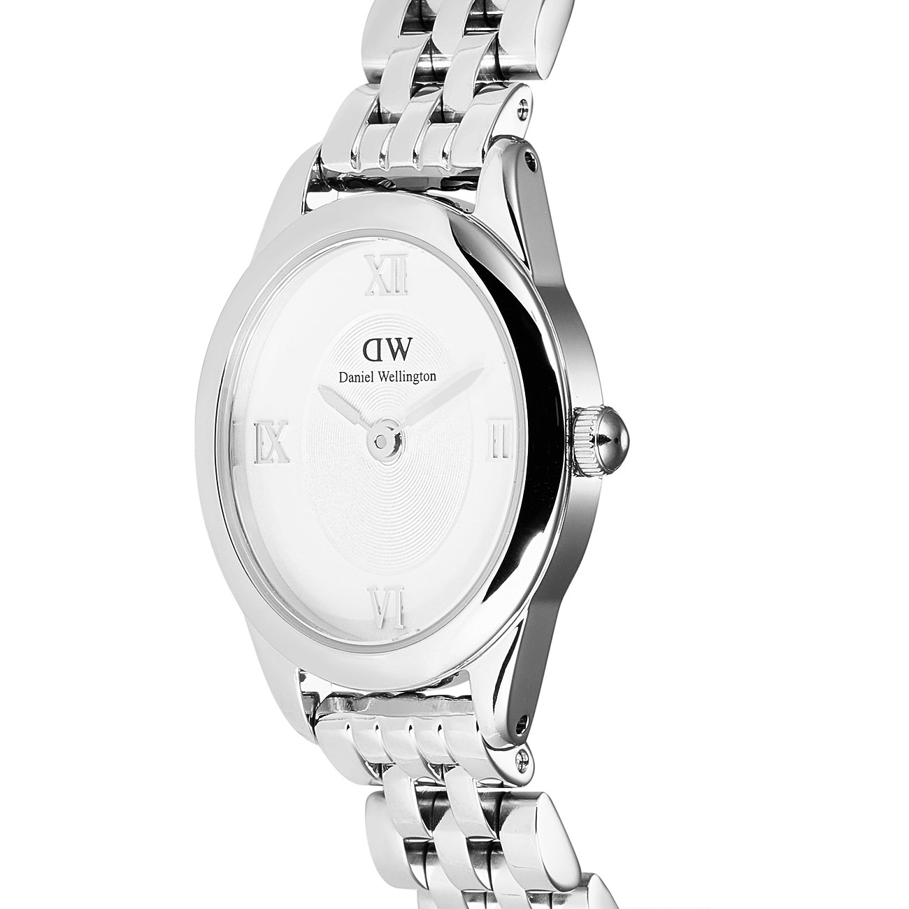 Daniel Wellington Damenuhr aus Edelstahl mit römischen Ziffern und weißem Zifferblatt.
