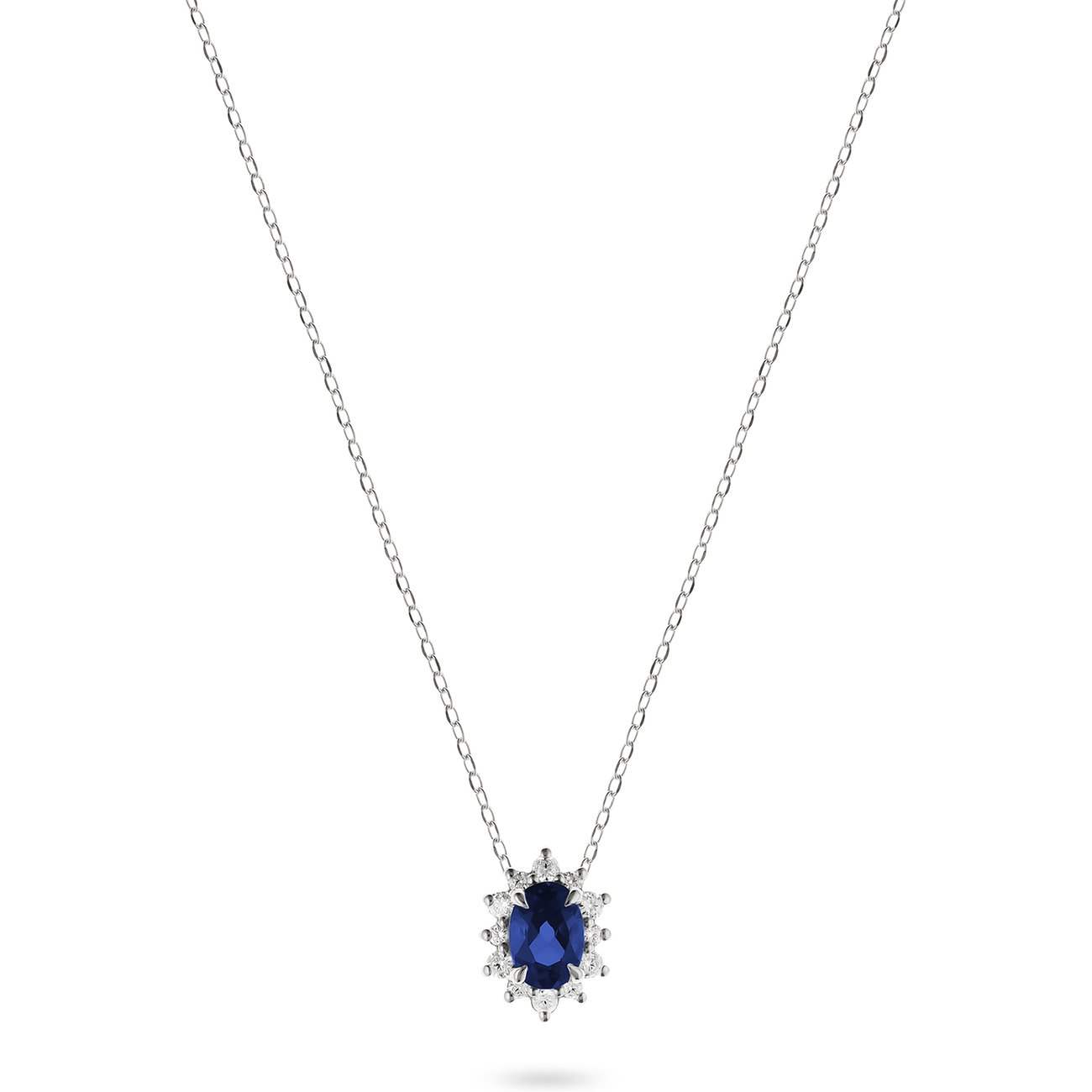 Collier CHRIST en or blanc 585 avec saphir et pierres blanches.