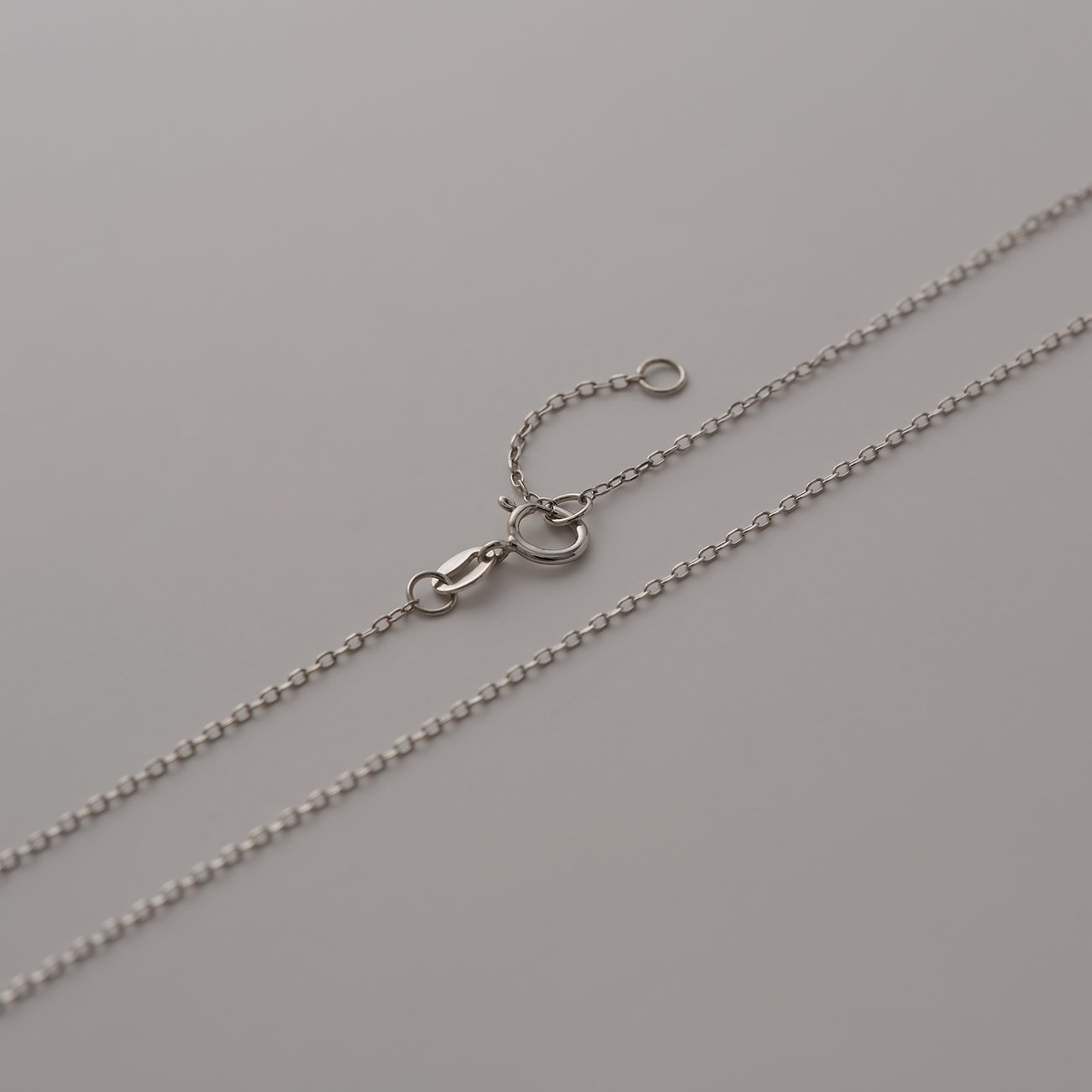 Gros plan sur le collier en or blanc CHRIST, alliage 585, avec son mécanisme de fermoir.