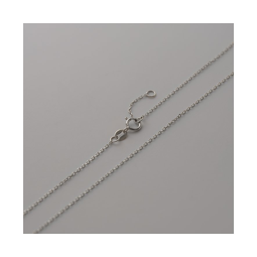 Nahaufnahme der CHRIST Weißgoldkette mit Karabinerverschluss und einer Verlängerung, auf hellgrauem Hintergrund.