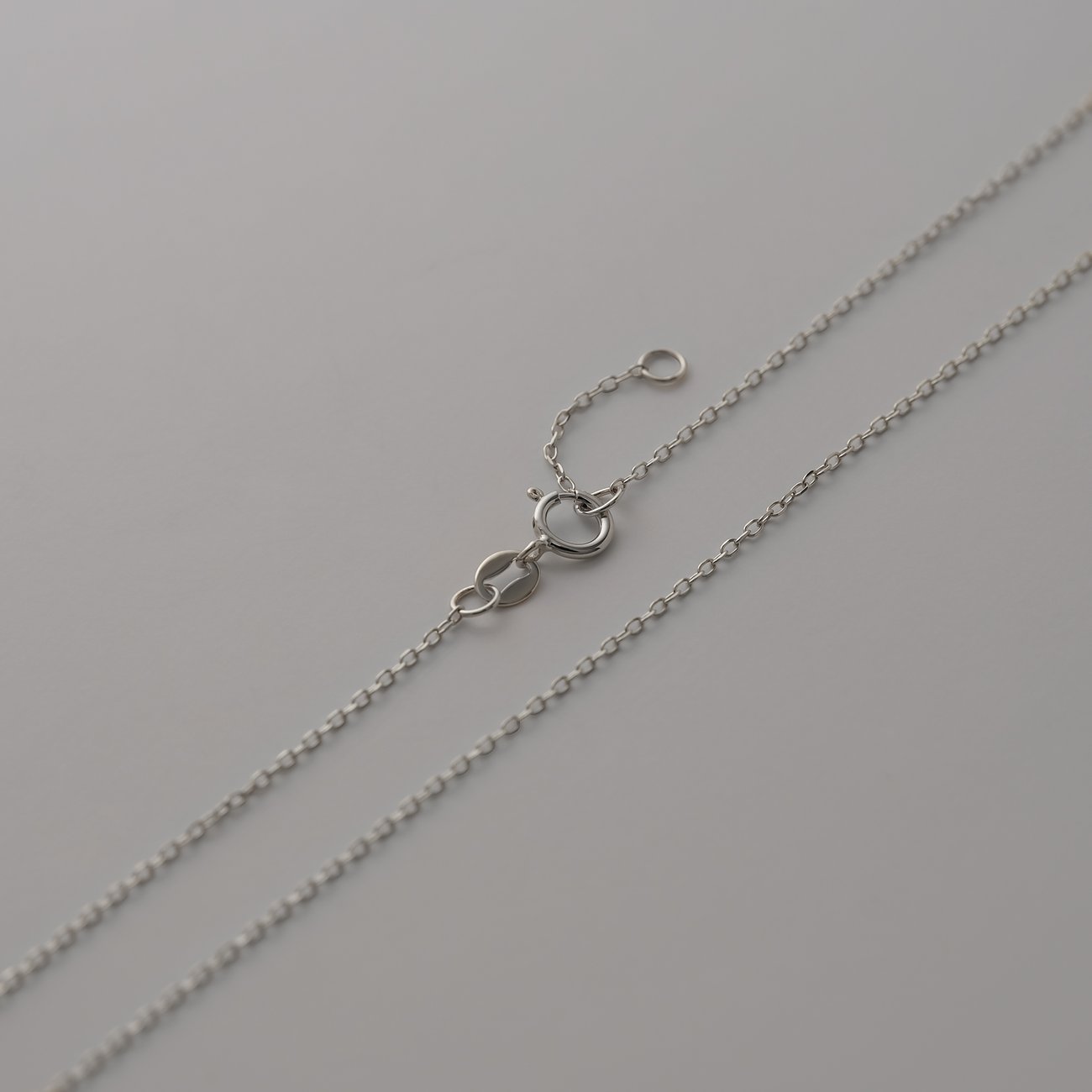 Nahaufnahme der CHRIST Weißgoldkette mit Karabinerverschluss und einer Verlängerung, auf hellgrauem Hintergrund.