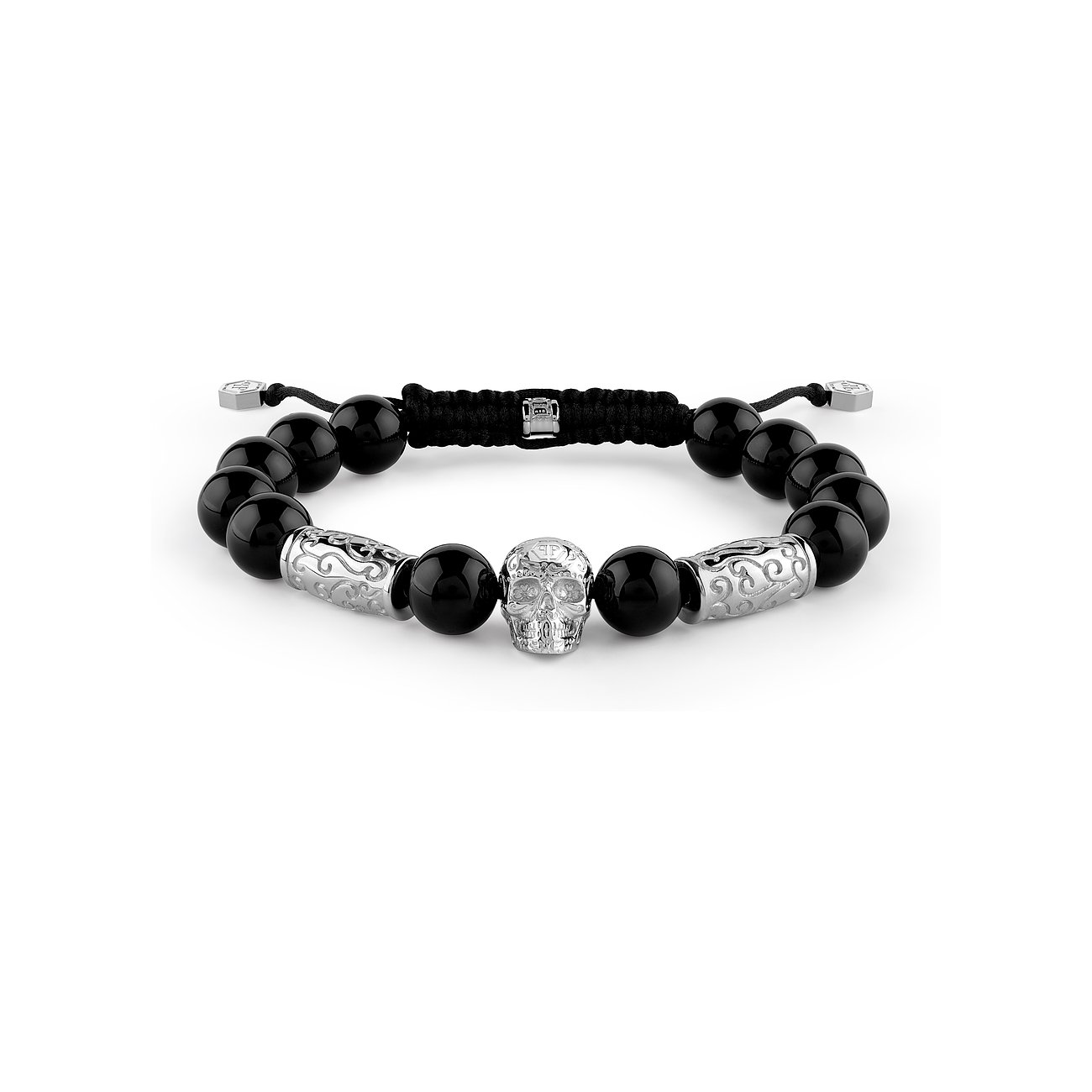 Philipp Plein Armband aus recyceltem Edelstahl mit schwarzen Perlen und Totenkopf.