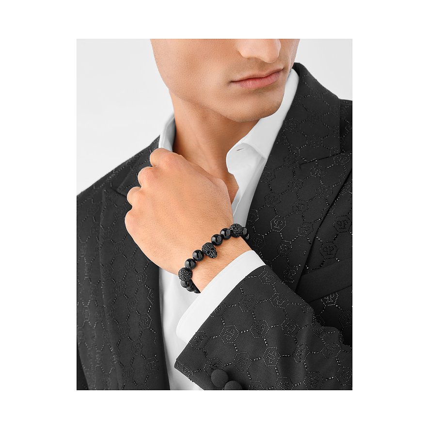 Philipp Plein Armband aus recyceltem Edelstahl mit schwarzen Steinen und Totenkopf.